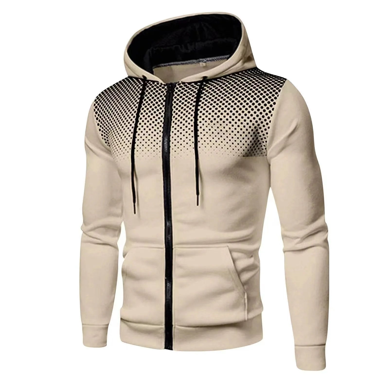 Beige hoodie with black geometric pattern on a white background